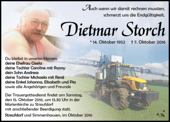 Traueranzeige von Dietmar Storch von Südthüringer Presse