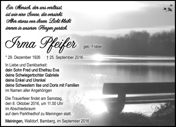 Traueranzeige von Irma Pfeifer von Südthüringer Presse