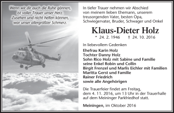 Traueranzeige von Klaus-Dieter Holz von Südthüringer Presse