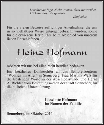 Traueranzeige von Heinz Hofmann von Südthüringer Presse