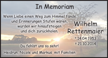 Traueranzeige von Wilhelm Rettenmaier von Neue Presse Coburg