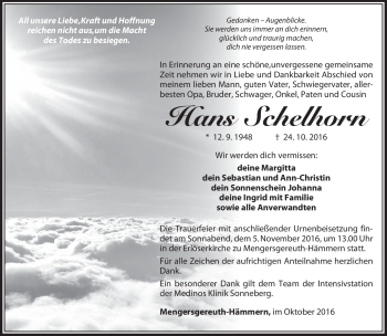 Traueranzeige von Hans Schelhorn von Südthüringer Presse