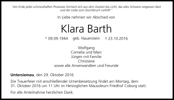 Traueranzeige von Klara Barth von Neue Presse Coburg