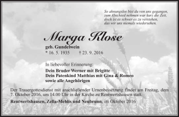 Traueranzeige von Marga Klose von Südthüringer Presse