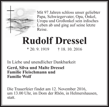 Traueranzeige von Rudolf Dressel von Südthüringer Presse