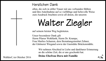 Traueranzeige von Walter Ziegler von Südthüringer Presse