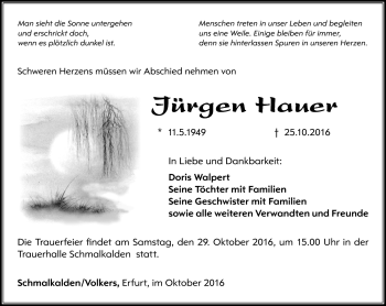 Traueranzeige von Jürgen Hauer von Südthüringer Presse
