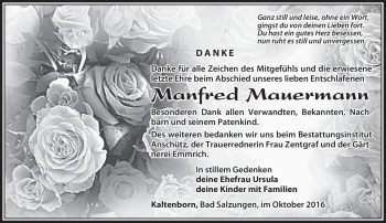 Traueranzeige von Manfred Mauermann von Südthüringer Presse