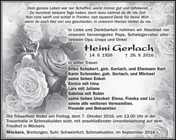Traueranzeige von Heini Gerlach von Südthüringer Presse