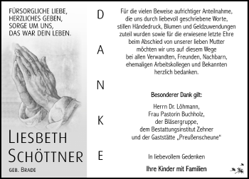 Traueranzeige von Liesbeth Schöttner von Südthüringer Presse