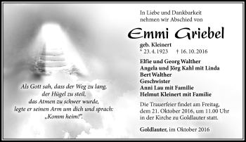Traueranzeige von Emmi Griebel von Südthüringer Presse