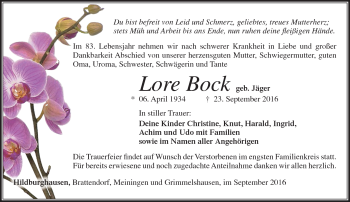 Traueranzeige von Lore Bock von Südthüringer Presse