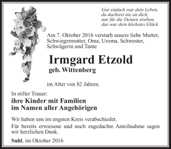 Traueranzeige von Irmgard Etzold von Südthüringer Presse