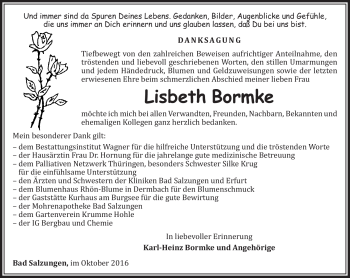 Traueranzeige von Lisbeth Bormke von Südthüringer Presse