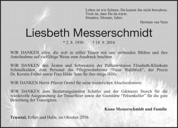 Traueranzeige von Liesbeth Messerschmidt von Südthüringer Presse