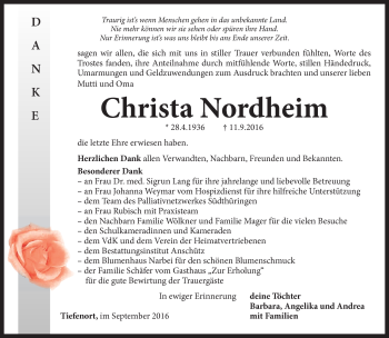 Traueranzeige von Christa Nordheim von Südthüringer Presse