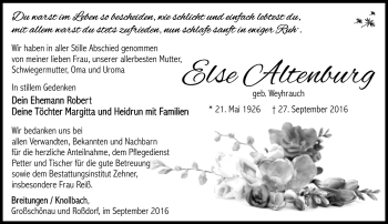 Traueranzeige von Else Altenburg von Südthüringer Presse