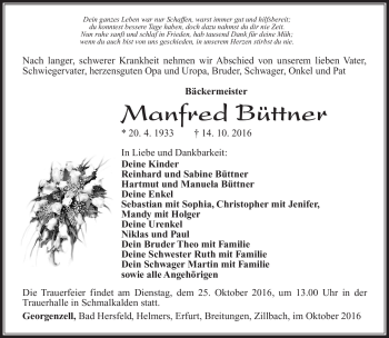 Traueranzeige von Manfred Büttner von Südthüringer Presse
