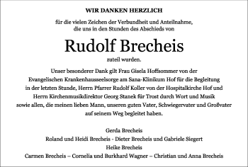 Traueranzeige von Rudolf Brecheis von Frankenpost