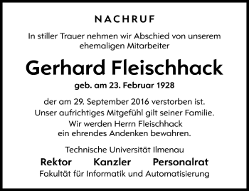 Traueranzeige von Gerhard Fleischhack von Südthüringer Presse
