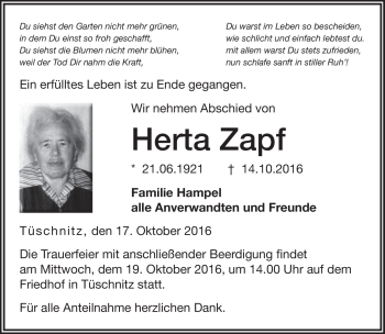 Traueranzeige von Herta Zapf von Neue Presse Coburg