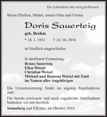 Traueranzeige von Doris Sauerteig von Südthüringer Presse