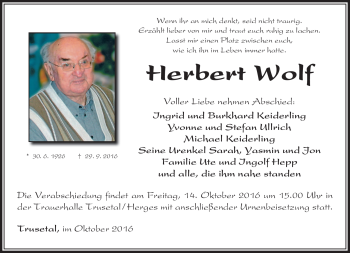 Traueranzeige von Herbert Wolf von Südthüringer Presse