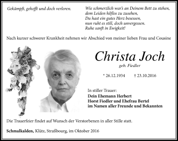 Traueranzeige von Christa Joch von Südthüringer Presse
