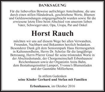 Traueranzeige von Horst Rauch von Südthüringer Presse