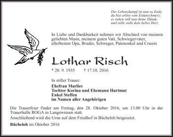 Traueranzeige von Lothar Risch von Südthüringer Presse