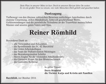 Traueranzeige von Rainer Römhild von Südthüringer Presse