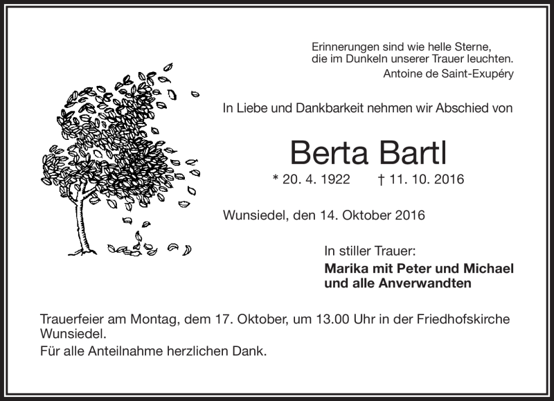  Traueranzeige für Berta Bartl vom 14.10.2016 aus Frankenpost