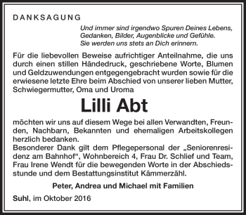 Traueranzeige von Lilli Abt von Südthüringer Presse