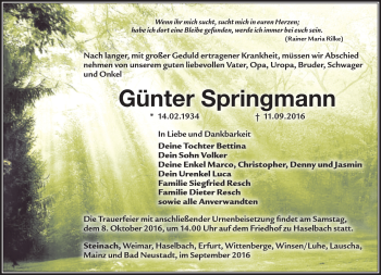 Traueranzeige von Günter Springmann von Südthüringer Presse