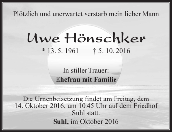 Traueranzeige von Uwe Hönschker von Südthüringer Presse