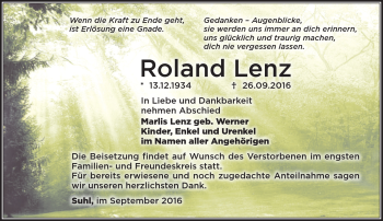 Traueranzeige von Roland Lenz von Südthüringer Presse