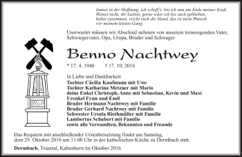 Traueranzeige von Benno Nachtwey von Südthüringer Presse