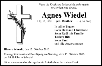 Traueranzeige von Agnes Wiedel von Frankenpost