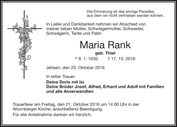 Traueranzeige von Maria Rank von Frankenpost