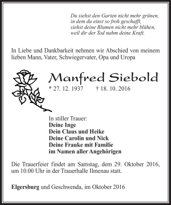 Traueranzeige von Manfred Siebold von Südthüringer Presse