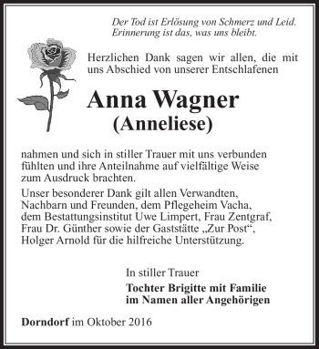 Traueranzeige von Anneliese Anna Wagner von Südthüringer Presse