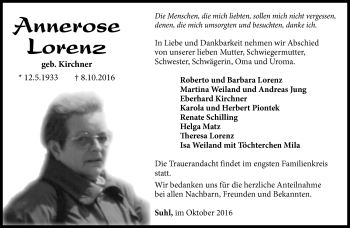 Traueranzeige von Annerose Lorenz von Südthüringer Presse