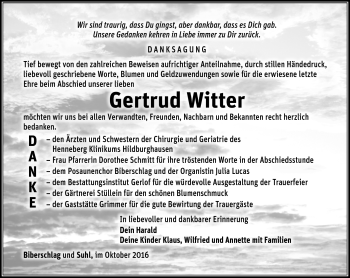 Traueranzeige von Gertrud Witter von Südthüringer Presse