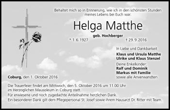 Traueranzeige von Helga Matthe von Neue Presse Coburg