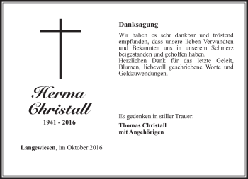 Traueranzeige von Herma Christall von Südthüringer Presse