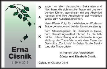 Traueranzeige von Erna Cisnik von Südthüringer Presse