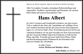 Traueranzeige von Hans Albert von Südthüringer Presse
