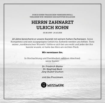 Traueranzeige von Ulrich Kohn von Frankenpost