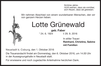 Traueranzeige von Lotte Grünewald von Neue Presse Coburg