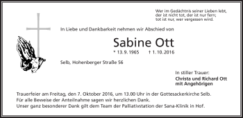 Traueranzeige von Sabine Ott von Frankenpost
